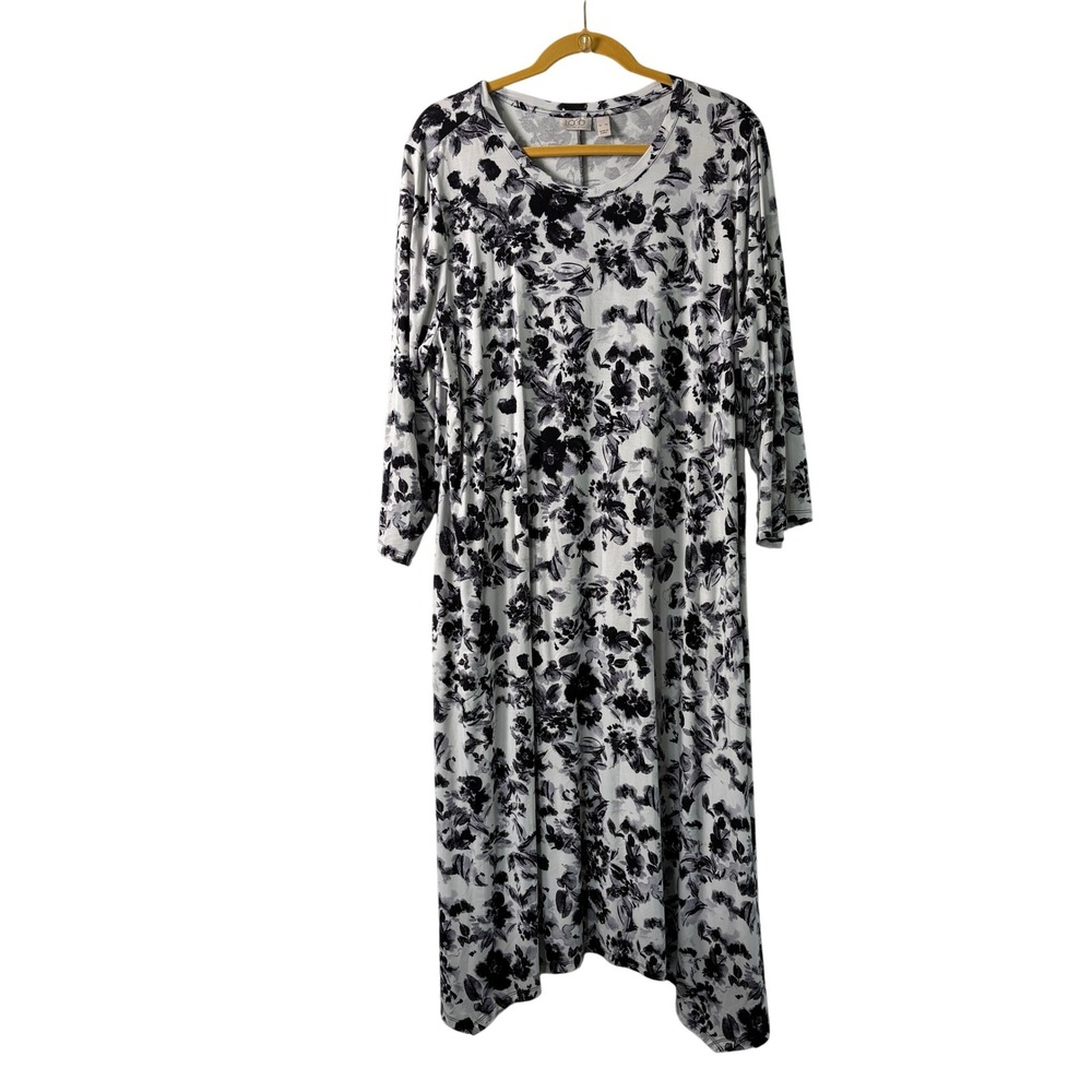 LOGO Lori Goldstein Merle Midi Dress Size XL Black White Floral Pocket Shark Hem